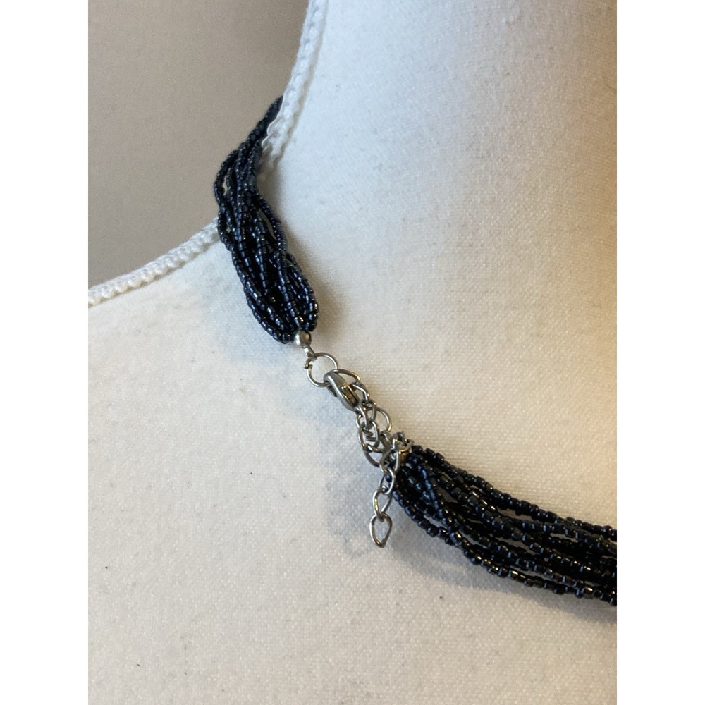 Black Seed Bead Shell Pendant Necklace Gray Mother of Pearl Multi Strand Starts - Picture 3 of 8